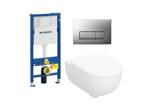 Комплект GRBERIT окачена тоалетна чиния Selnova  Premium Rimfree, структура за вграждане GEBERIT Duofix и бутон Delta20 хром